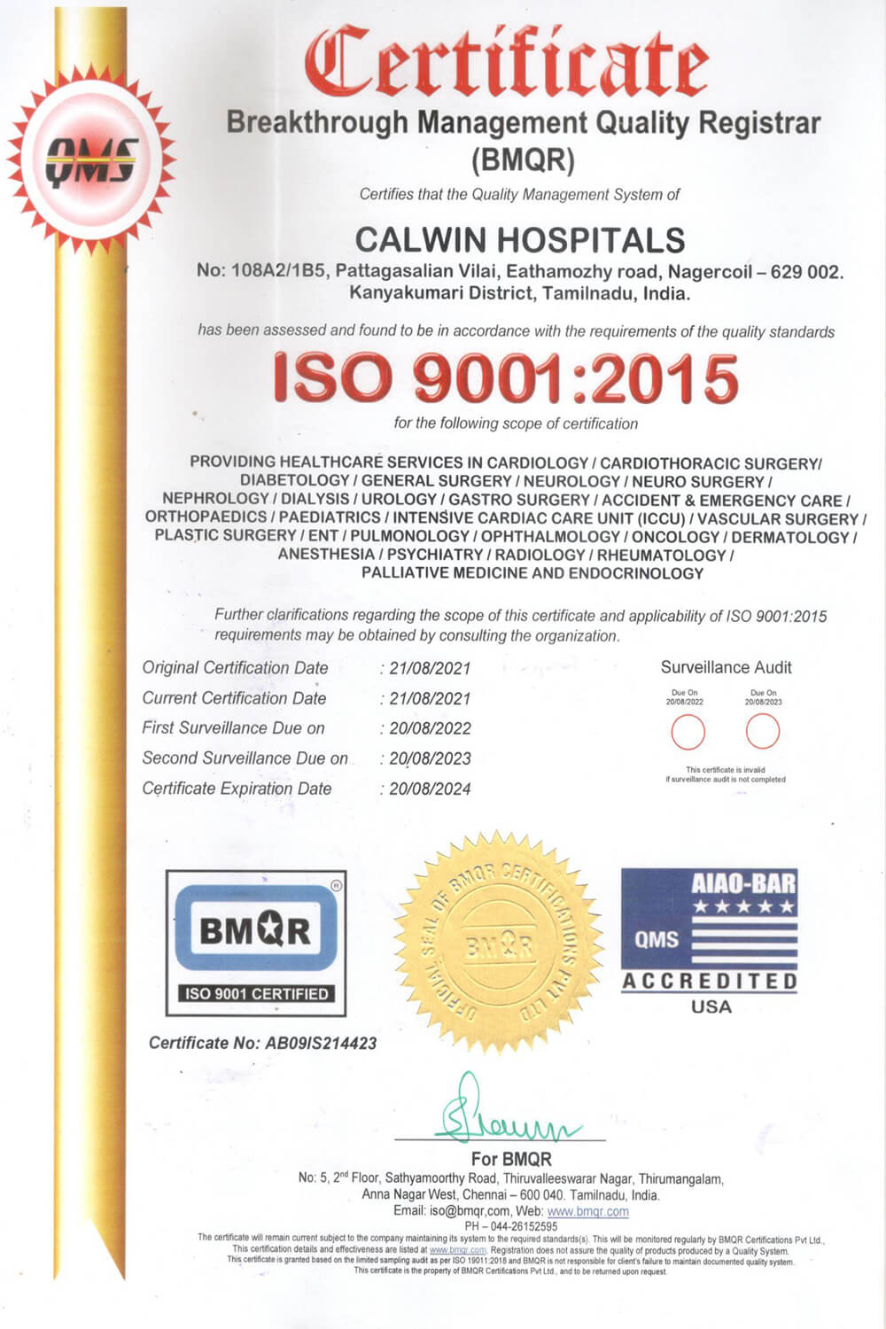 Calwin Hospital BMQR Certificate