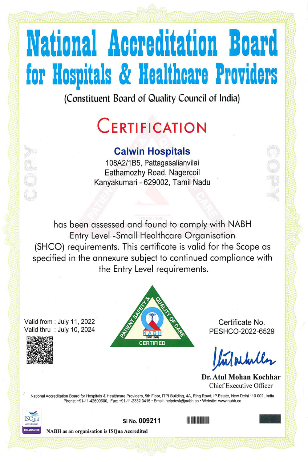 Calwin Hospital NABH Certificate