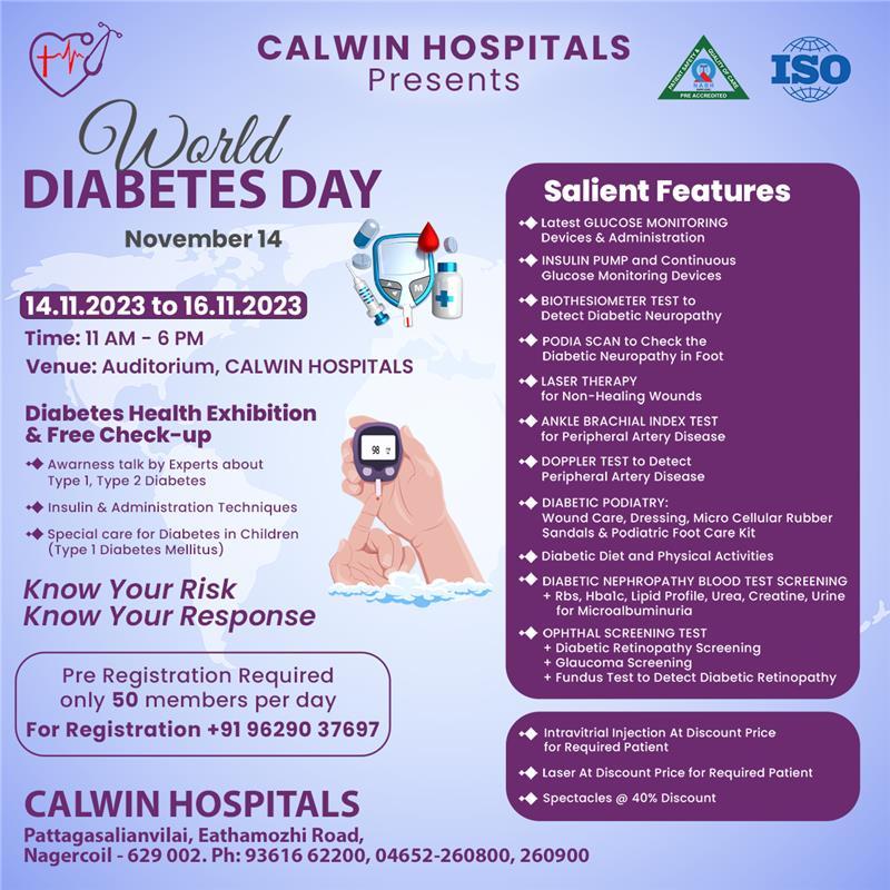 Diabetes Health Exhibition and Free Check-up on November 14, 2023, at Calwin Hospitals